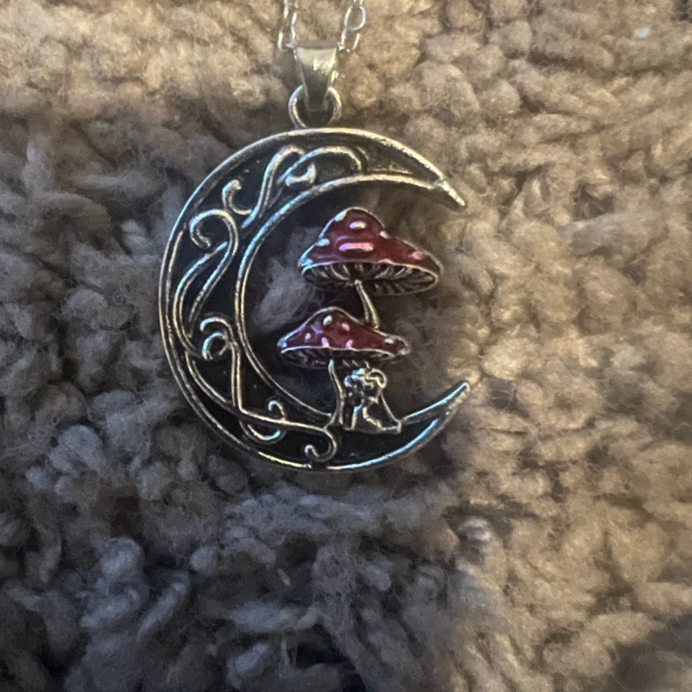 Silver and Red Colored Wiccan Mushroom Crescent Necklace